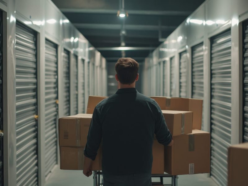 Man in storage facility, looking at closed units. Man with boxes in front of camera. Man in hallway of storage company. Businessman with trolley full of boxes.